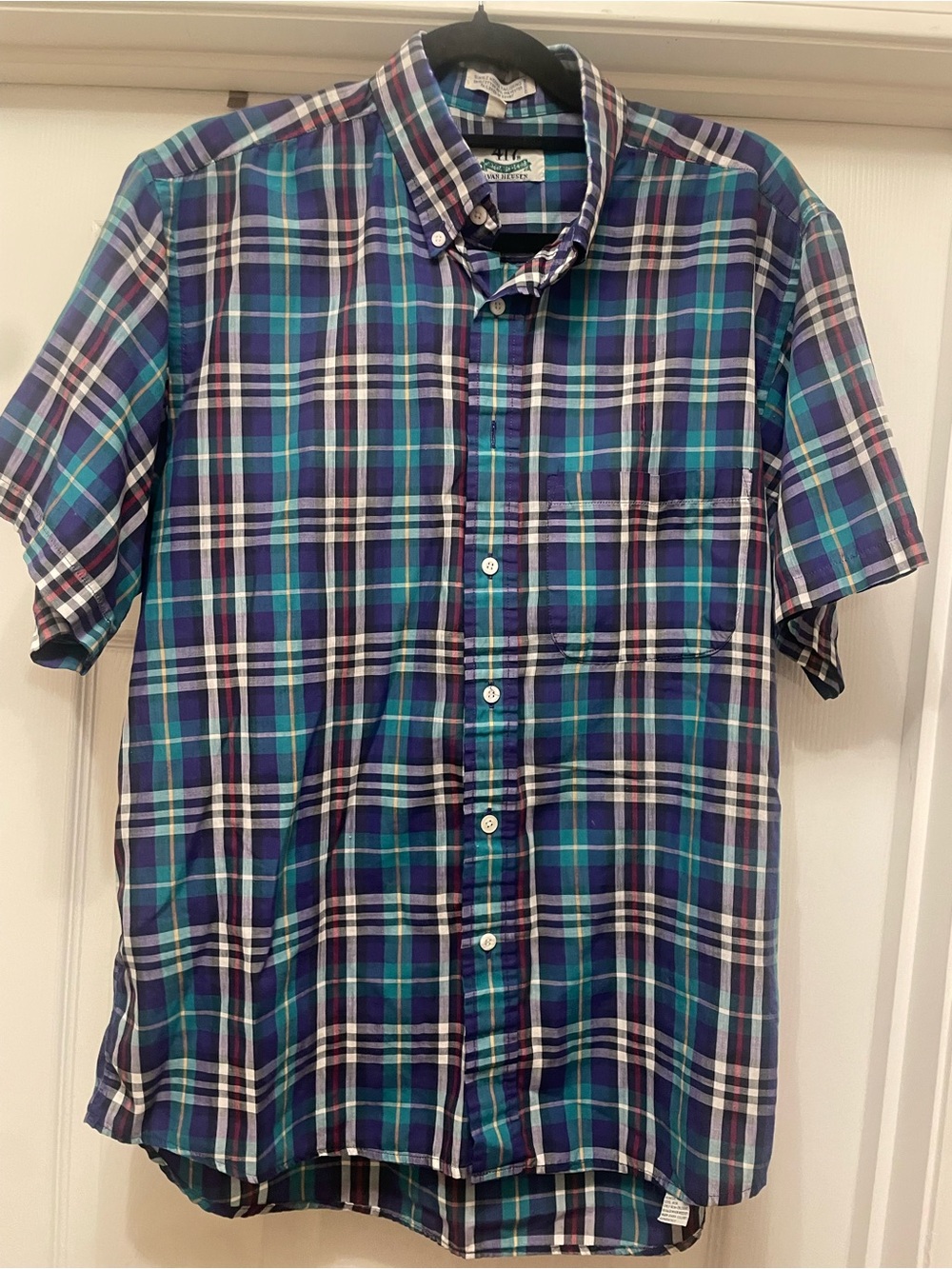 Van Heusen 417 Vintage Blue Green Plaid Short-Sleeve Button-Down Shirt